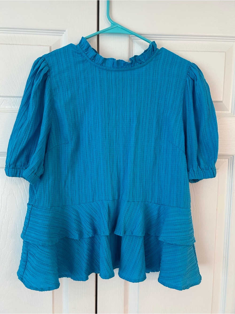 NWOT THML Women’s Blue Ballon Sleeve Lace Up Ruffle Tunic Blouse Shirt Size M